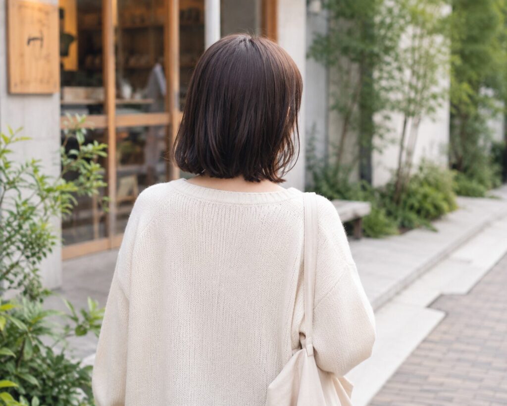 白い薄手のニットを着ている女性の後ろ姿